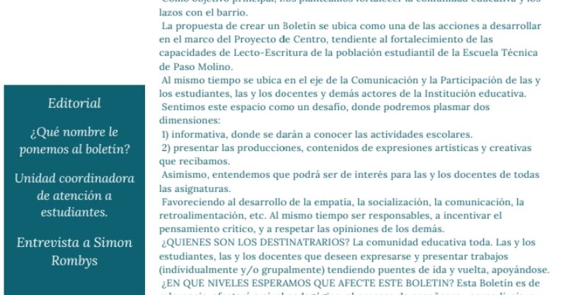 Boletín Corre la Voz – Escuela Técnica Paso Molino